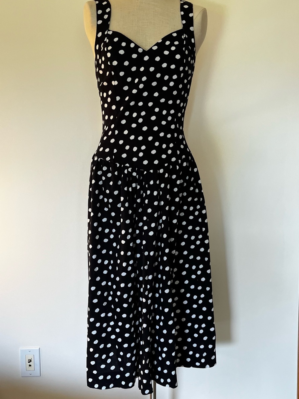 Vintage navy blue and White Polka Dot drop waist